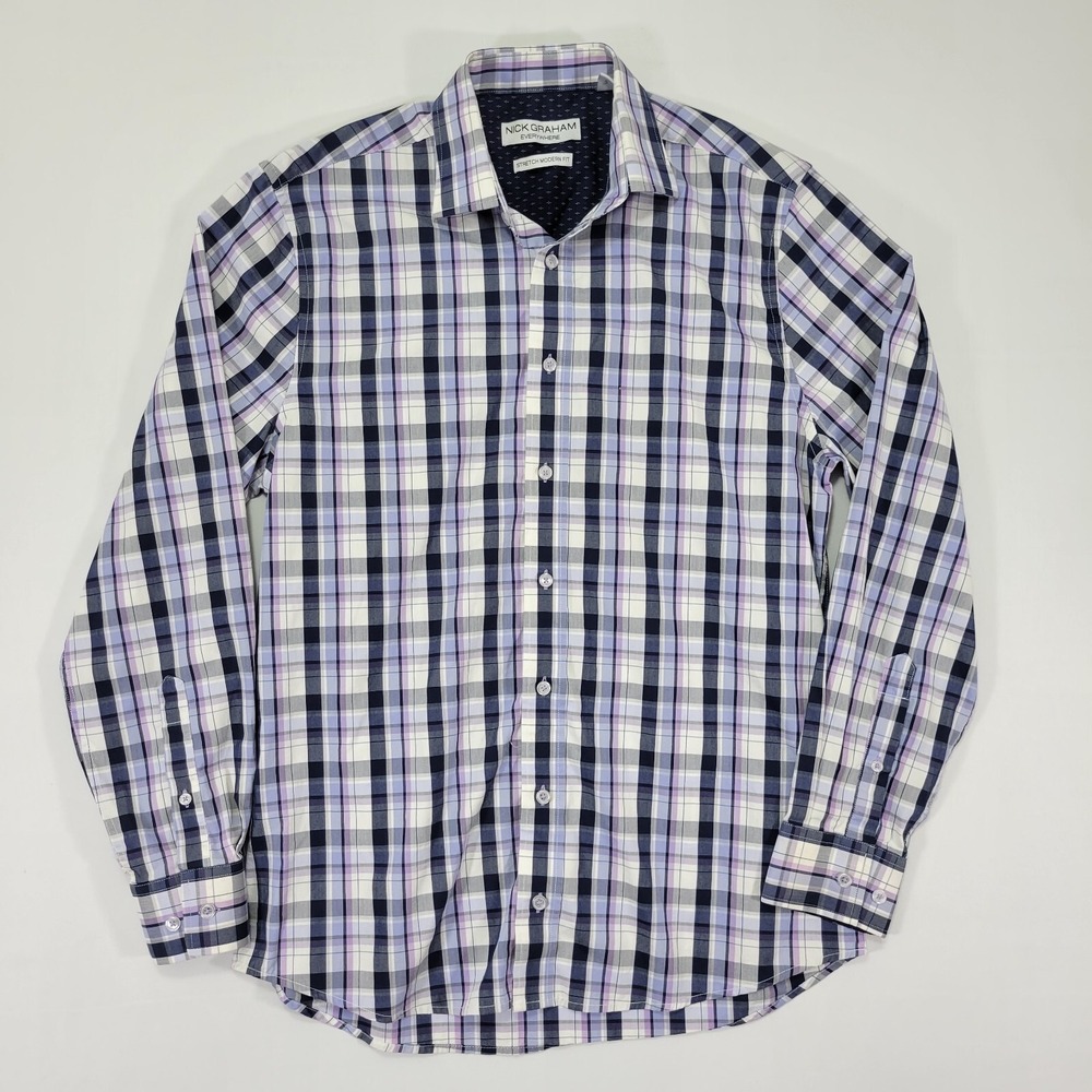 Nick Graham Everywhere Mens Button Down Shirt Purple Plaid Stretch Modern Medium